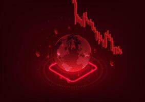 Falling stock chart with a red globe indicates the volatile global market situation caused by an increase in import taxes or interest rates, which increases the company's costs. vector