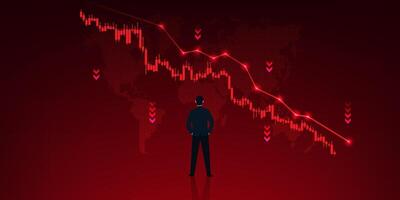 Stock chart is falling, with a map of the world behind it, and a businessman standing in front. Due to tax increases or interest rate increases, companies have to adjust and solve problems. vector