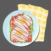 illustrations of toast with fried eggs and tomato, pepper and greens on bread. Isolated on grey background. Healthy breakfast. vector