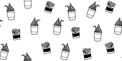 seamless pattern of outline iced drink with frappe and french fries on white background. vector