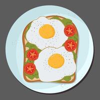 flat illustrations of toast with fried eggs and tomato, pepper and greens on bread. Isolated on grey background. Healthy breakfast. vector