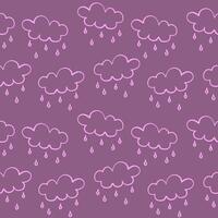 seamless pattern with pink clouds and rain drops on purple background vector