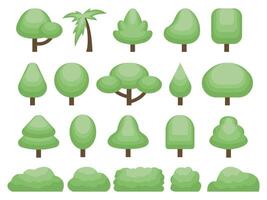 set of front view trees and bushes in difference shape. for landscape garden decoration. flat color illustration isolated on white background. vector