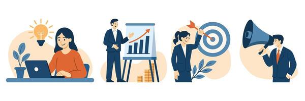 set of business concept, Characters have an idea, presents rising graph, set target, planning marketing strategy. flat illustration in blue yellow and orange isolated on white background. vector