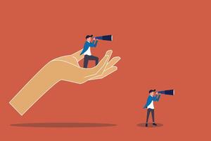 Two businessmen looking through hand-held telescope and one standing on a hand. concept of Search for business target or goal, opportunity, mission to achieve, discover purpose or find strategy vector