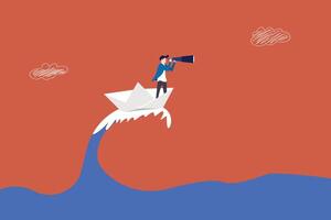 Businessman look through binocular on the ship in storm ocean. concept of overcome crises with patience and vision, opportunity, and strategy to win vector