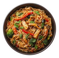 Black bowl with noodles and fried chicken with vegetables isolated on transparent background, top view png