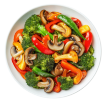 Plate with stir fried vegetables isolated on transparent background, top view png