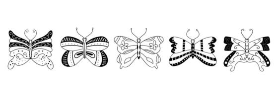 Set of Five Decorative Butterfly Outlines, Handcrafted Insect Illustrations in Simple Line Style for Creative Projects. vector