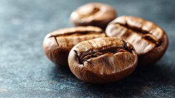 Close-up of roasted coffee beans on a surface. photo
