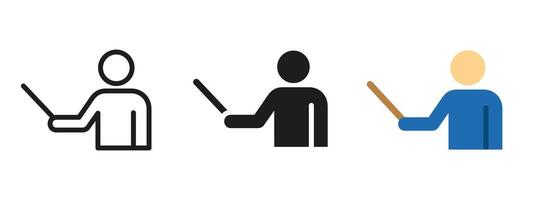 Teacher icon. Pointer and instructor illustration. Educator figure giving a lesson or presentation. Academic teaching symbol for classroom and seminar use. Educational training pictogram. vector