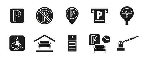 Parking icon set. Black parking signs and symbols including disabled access, location pin, meter and ticket machine. Useful for maps, road signs, apps and transport systems glyph icons. vector