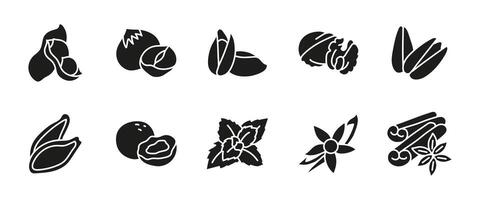 Nuts and spices black icon set. Glyph nut varieties including peanuts, pistachios and walnuts, alongside aromatic spices like cinnamon and vanilla. Healthy snack and flavor enhancer symbol. vector
