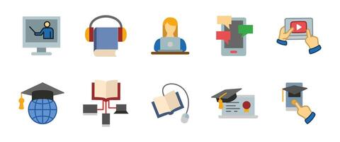 Online education icon. Colorful distance learning tools including books, laptops, tutorials, and mobile applications. Digital study cartoon symbol for virtual classrooms, e-learning platforms. vector