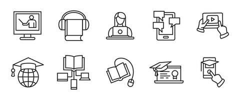 Online education icon. Outline distance learning tools including books, laptops, tutorials, and mobile applications. Digital study line symbol for virtual classrooms, e-learning platforms. vector