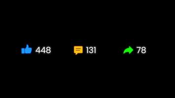 animation of social media interaction counter increasing likes, comments, and share statistics. Alpha channel overlay video