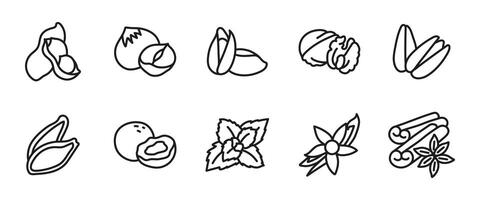 Nuts and spices line icon set. Outline nut varieties including peanuts, pistachios and walnuts, alongside aromatic spices like cinnamon and vanilla. Healthy snack and flavor enhancer symbol. vector