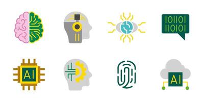 AI icon set. Artificial intelligence and machine learning colored illustration. Collection of neural network, chip, fingerprint and cloud computing symbols. Futuristic technology pictogram. vector