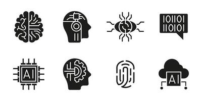 AI icon set. Artificial intelligence and machine learning black illustration. Collection of neural network, chip, fingerprint and cloud computing glyph symbols. Futuristic technology pictogram. vector