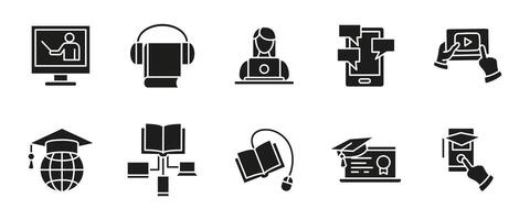 Online education icon. Black distance learning tools including books, laptops, tutorials, and mobile applications. Digital study glyph symbol for virtual classrooms, e-learning platforms. vector