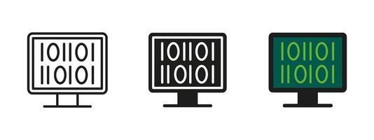 Binary code icon. Monitor with digital ones and zeros illustration. Programming and data processing symbol. Technology interface pictogram for coding, software development and system algorithms vector