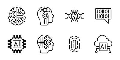 AI icon set. Artificial intelligence and machine learning outline illustration. Collection of neural network, chip, fingerprint and cloud computing line symbols. Futuristic technology pictogram vector