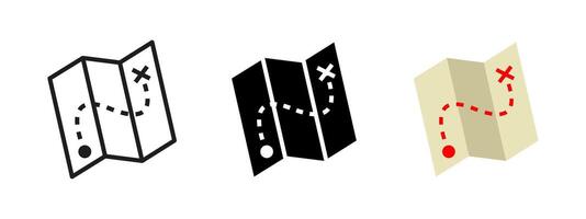 Treasure map icon. Folded map with dotted route and X mark illustration. Navigation and exploration symbol for travel or game design. Adventure journey pictogram with marked destination. vector