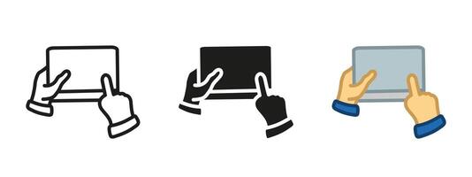 Tablet touch icon. Hands interacting with touchscreen illustration. Digital device control gesture with finger tap. Mobile gadget and modern technology symbol. User interface pictogram. vector