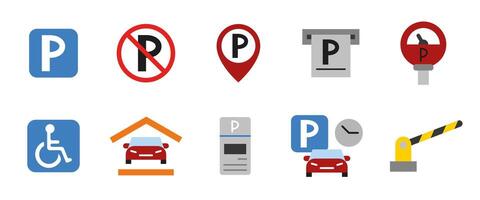 Parking icon set. Colored parking signs and symbols including disabled access, location pin, meter and ticket machine. Useful for maps, road signs, apps and transport systems cartoon colorful icons. vector