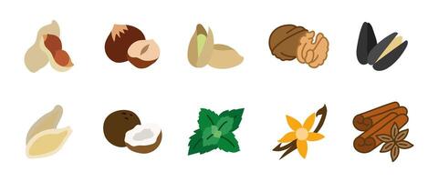 Nuts and spices colorful illustration set. Cartoon nuts including peanuts, pistachios and walnuts, alongside aromatic spices like cinnamon and vanilla. Healthy snack and flavor enhancer symbol. vector