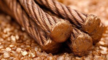 Close-up of twisted copper wires on a textured surface. photo