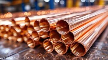 Copper pipes stacked for industrial use. photo