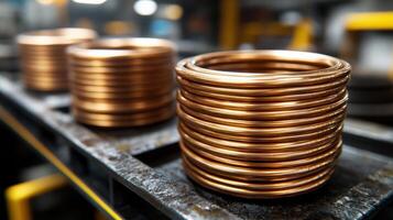 Copper coils stacked in an industrial setting. photo