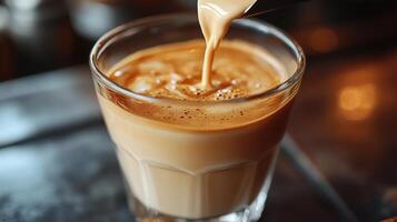 Cream being poured into a glass of coffee. photo