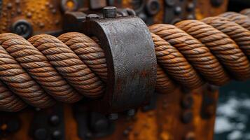 Close-up of rusted metal and thick rope. photo