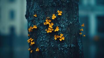 Vibrant yellow flowers on a textured tree trunk. photo