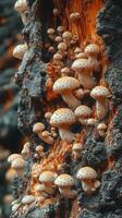 Cluster of mushrooms growing on a tree trunk. photo
