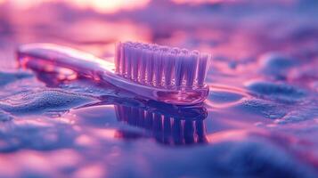 A toothbrush resting on a reflective surface. photo