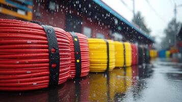 Colorful cables on a wet surface in the rain. photo