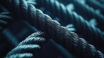Close-up of intertwined metallic ropes. photo