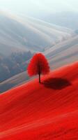 Vibrant red tree in a rolling landscape. photo