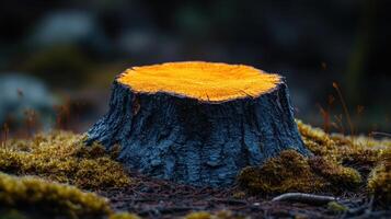 A tree stump surrounded by moss and forest elements. photo