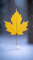 creative photo A vibrant yellow leaf stands in snow amidst falling snowflakes.