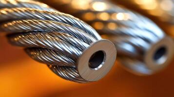 Close-up of metallic wire cables for industrial use. photo