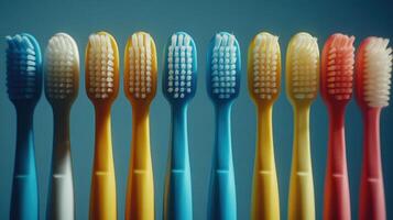 Colorful toothbrushes arranged in a row. closeup hot photo