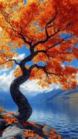 A vibrant autumn tree by a serene lake. photo