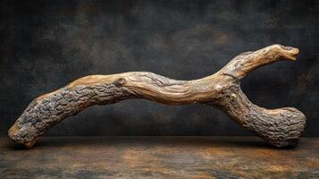 A textured wooden branch on a dark background. photo