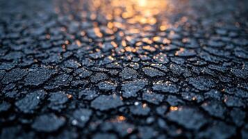 Close-up of cracked asphalt with reflective surface. photo