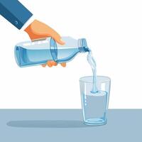 A clean, modern illustration of a hand pouring water from a plastic bottle into a glass. The scene is minimalistic with a white background, soft shadows, vector