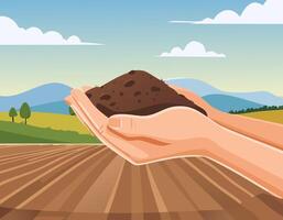 A hand holding a piece of dirt in front of a field vector